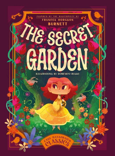 „The Secret Garden“: Illustration eines Mädchens mit rotem Haar und gelbem Kleid, umgeben von bunten Blumen und Pflanzen.