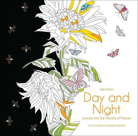 „Day and Night: Journey into the Secrets of Nature.“ Illustration von Schmetterlingen und Sonnenblumen auf dunklem und hellem Hintergrund.