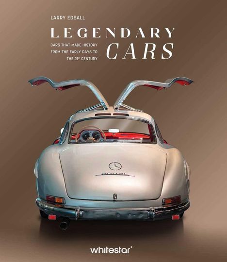 "Legendary Cars: Cars That Made History From the Early Days to the 21st Century." Ansicht eines klassischen Sportwagens mit Flügeltüren.