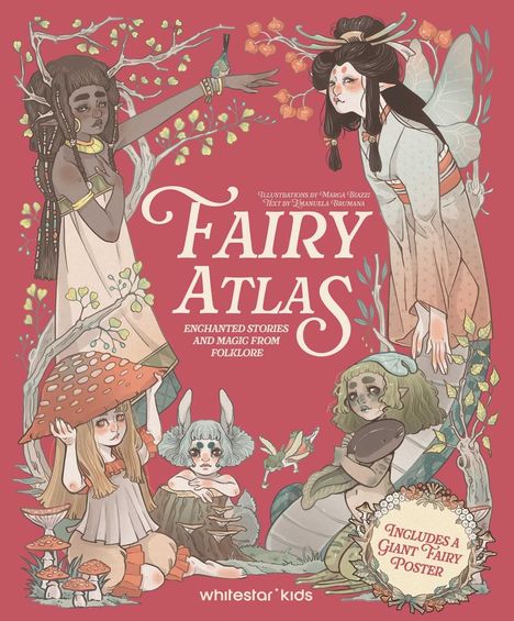 "Fairy Atlas: Enchanted Stories and Magic from Folklore" in weißer Schrift, umgeben von Fabelwesen und Naturmotiven.