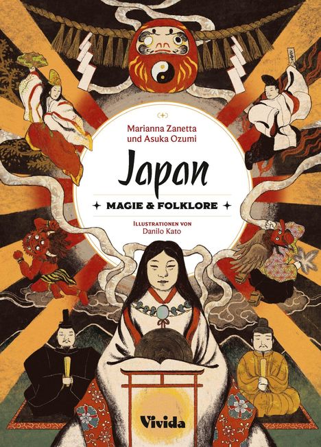 "Japan, Magie & Folklore." Illustration mit japanischen Figuren, Daruma-Puppe und traditionellen Motiven.