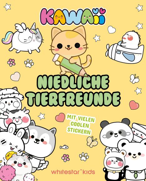 "KAWAII", "NIEDLICHE TIERFREUNDE", "MIT VIELEN COOLEN STICKERN". Viele fröhliche, niedliche Tiere auf gelbem Hintergrund.