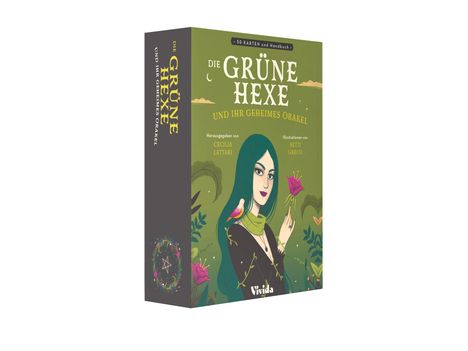 „Die GRÜNE HEXE und ihr geheimes Orakel“. Eine Frau mit grünem Haar, Vogel und Blume, Illustration auf einem Buchcover.