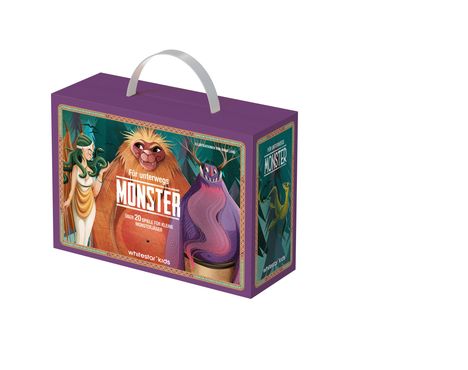Spielbox mit Text: "Für unterwegs MONSTER. Über 20 Spiele für kleine Monsterjäger." Illustration mit fantasievollen Figuren.