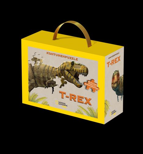 Konturenpuzzle T-Rex, 50-teiliges Puzzle in Dinosaurier-Form. Bild eines grimmigen T-Rex vor Pflanzen. Gelbe Verpackung.