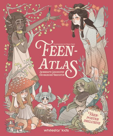 "Feen-Atlas: Zauberhafte Geschichten und magisches Brauchtum." Vier fantasievolle Feenfiguren auf rotem Hintergrund.