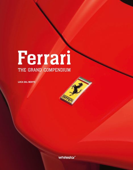 "Ferrari The Grand Compendium" steht in großer Schrift auf einer roten Fahrzeugoberfläche mit Ferrari-Logo.