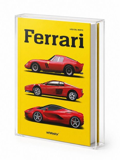 „Ferrari“ in großer Schrift oben, drei rote Autos auf gelbem Hintergrund. Absender: Luca Dal Monte, whitestar.