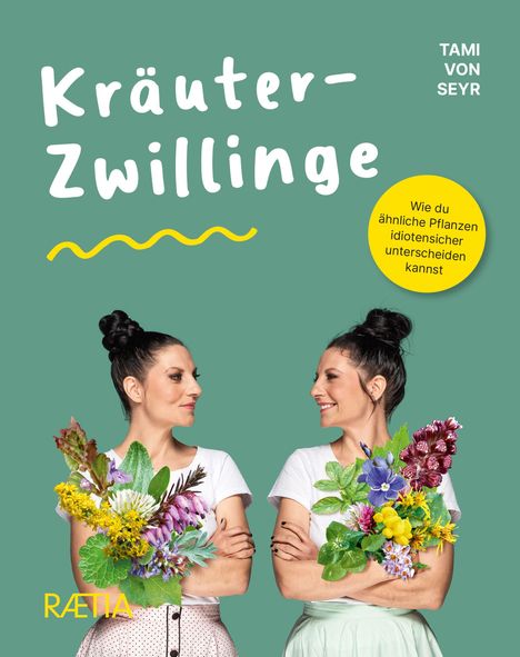 Titel: „Kräuter-Zwillinge“. Text im Kreis: „Wie du ähnliche Pflanzen idiotensicher unterscheiden kannst“. Zwei Menschen mit Blumen.