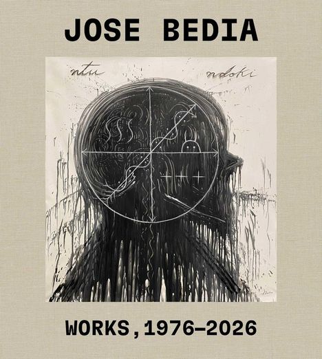 "JOSE BEDIA, WORKS, 1976-2026" oben und unten in Großbuchstaben. Dunkles, abstraktes Kunstwerk in der Mitte.
