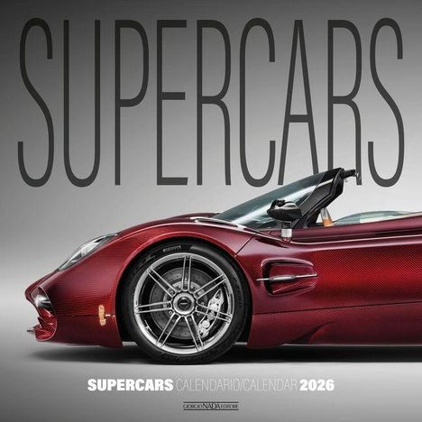 SUPER CARS Kalender 2026. Ein roter Sportwagen von der Seite mit offenem Dach vor grauem Hintergrund.