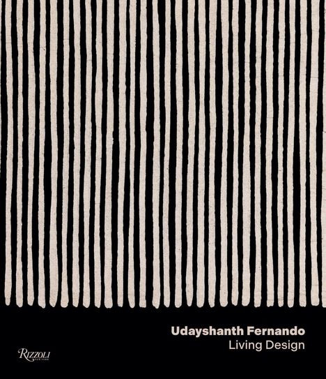 "Udayshanth Fernando, Living Design". Vertikale, unregelmäßige, beige Linien auf schwarzem Hintergrund.