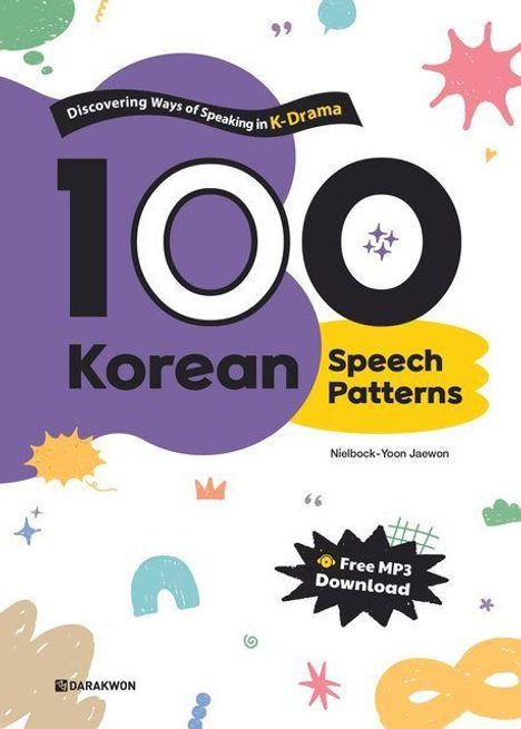 "100 Korean Speech Patterns" mit bunten Grafiken und Formen, plus Hinweis auf "Free MP3 Download".