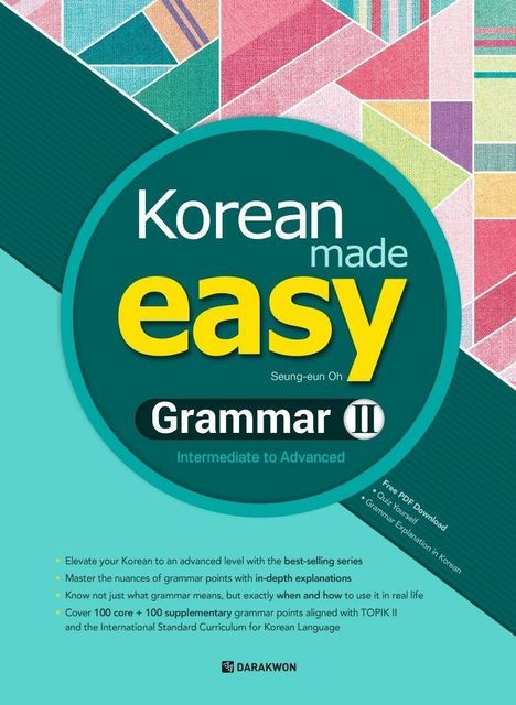Buchtitel: "Korean made easy Grammar II". Grüntöne, geometrische bunte Muster oben rechts.