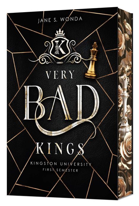 Titel: Very Bad Kings. Autor: Jane S. Wonda. Motiv: Goldene Schachfigur auf schwarzem, mit Linien verziertem Hintergrund.
