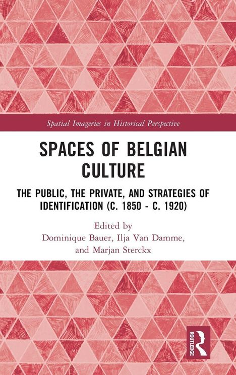 "Spaces of Belgian Culture" in schwarzer Schrift, roter Titelhintergrund. Rosa geometrisches Muster im Hintergrund.