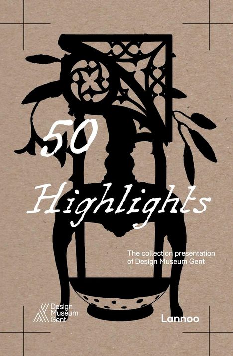 "50 Highlights", darunter "The collection presentation of Design Museum Gent" mit schwarzer Silhouette auf braunem Hintergrund.