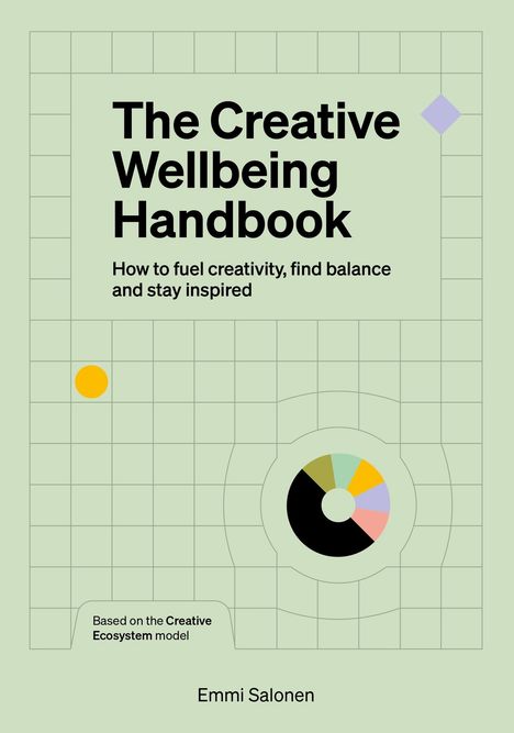 Text: "The Creative Wellbeing Handbook. How to fuel creativity, find balance and stay inspired. Based on the Creative Ecosystem model. Emmi Salonen." 

Beschreibung: Ein Rasterhintergrund mit einem bunten Kreisdiagramm und verschiedenen geometrischen Formen.