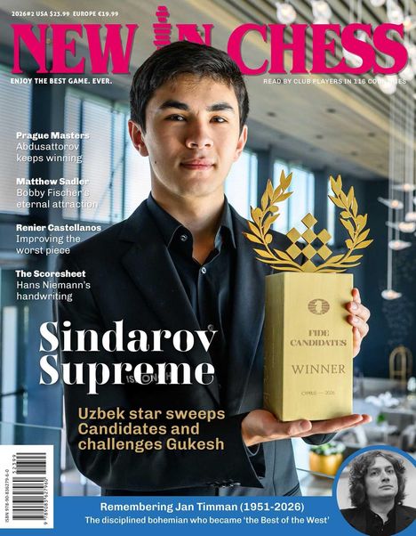 "New In Chess" oben, "Sindarov Supreme" groß; junger Mann hält Trophäe mit Schach-Emblem, erinnert Jan Timman.