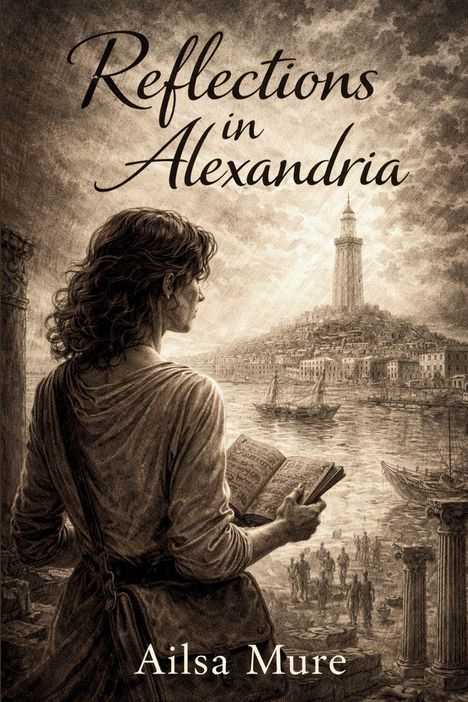 Texts: "Reflections in Alexandria" und "Ailsa Mure". 

Illustration: Person betrachtet antike Stadt mit Pharos.