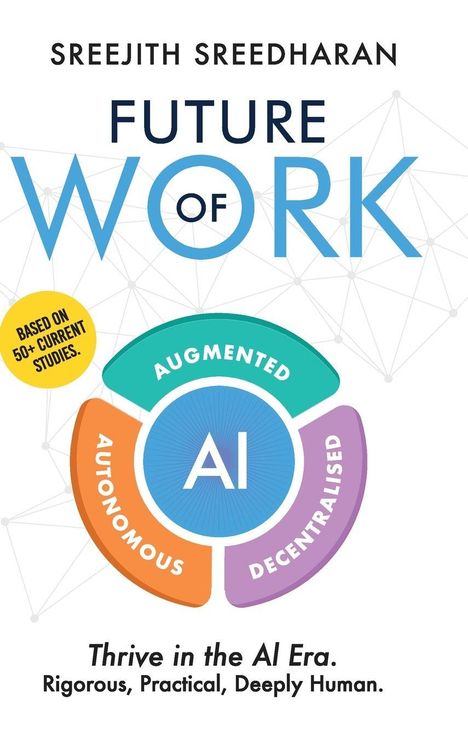 „Future of Work“ steht über einer Grafik mit AI und den Begriffen: Augmented, Autonomous, Decentralised. Runde bunte Teile.