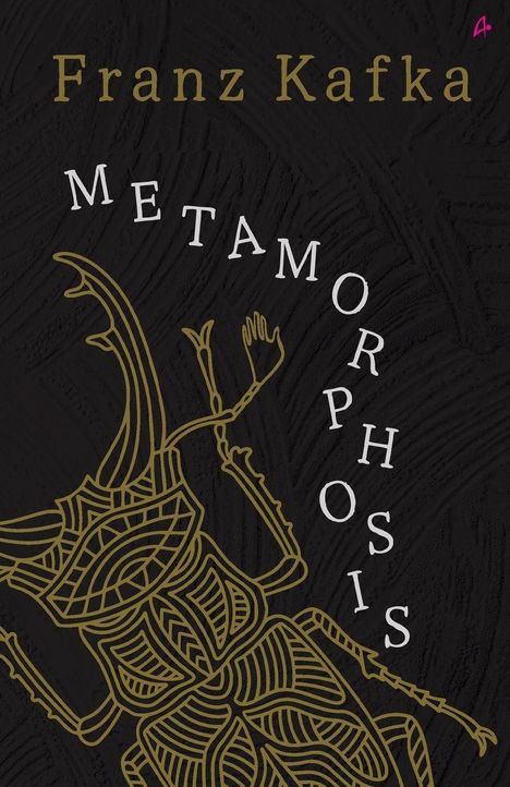 Franz Kafka, Metamorphosis. Eine kunstvolle Illustration eines Käfers mit goldenen Linien auf schwarzem Hintergrund.