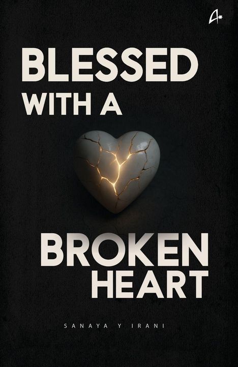 "Blessed with a Broken Heart" steht in großen Buchstaben. Ein graues Herz mit goldenen Rissen leuchtet vor dunklem Hintergrund.