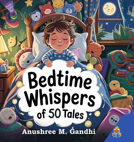 „Bedtime Whispers of 50 Tales“ von Anushree M. Gandhi. Ein Kind schläft in einem Bett voller Kuscheltiere.