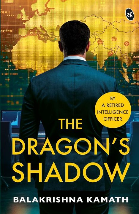 "The Dragon’s Shadow" von Balakrishna Kamath. Ein Mann im Anzug blickt auf eine gelbe Weltkarte auf einem Bildschirm.
