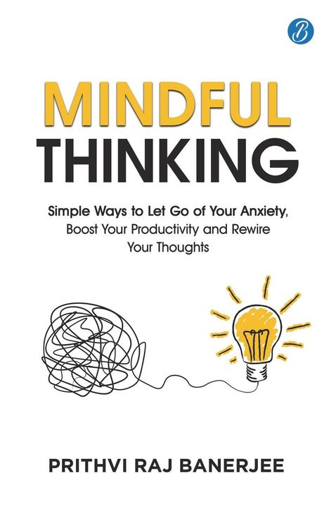 "MINDFUL THINKING" in großen gelben und schwarzen Buchstaben. Illustration: Von einem Gewirr zu einer Glühbirne.