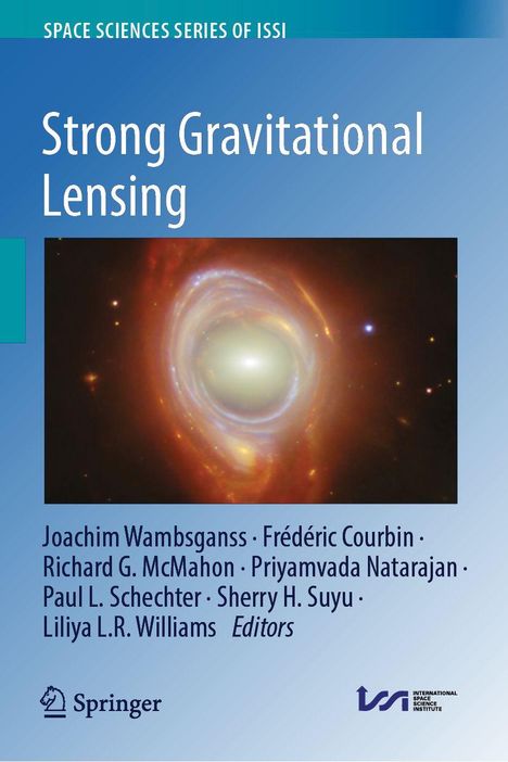 "Strong Gravitational Lensing" steht im Zentrum. Unten Autoren: Joachim Wambsganss, Frédéric Courbin u.a. Heller Galaxie-Hintergrund.