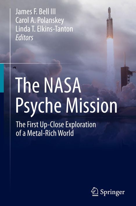 Text: "The NASA Psyche Mission" und "The First Up-Close Exploration of a Metal-Rich World". Raketenstart in Wolken, Springer-Logo.