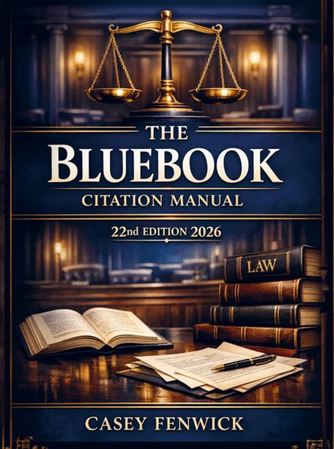 "The Bluebook Citation Manual 22nd Edition 2026 Casey Fenwick." Illustration: Waage, Bücher, Schreibtisch, offenes Buch.