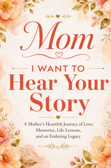 "Mom I Want to Hear Your Story" steht im Fokus, umgeben von zarten Blumen-Aquarellen in warmen Tönen.