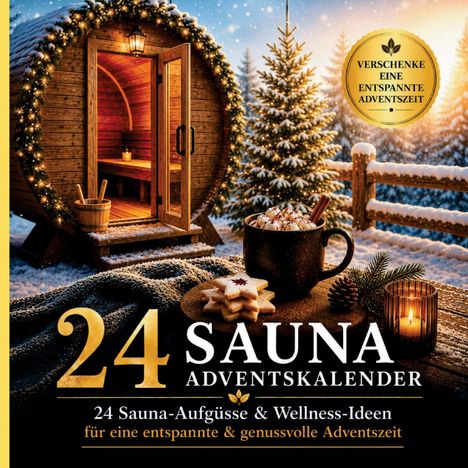 Text: "24 Sauna Adventskalender. 24 Sauna-Aufgüsse & Wellness-Ideen für eine entspannte & genussvolle Adventszeit."  
Verschneite Landschaft mit runder Sauna, Tannenbaum und Becher.