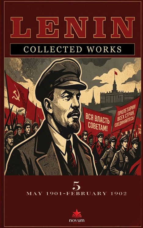 "LENIN Collected Works" steht oben. Illustration von Lenin, Fahnen, sowjetische Symbole, marschierende Menschen.