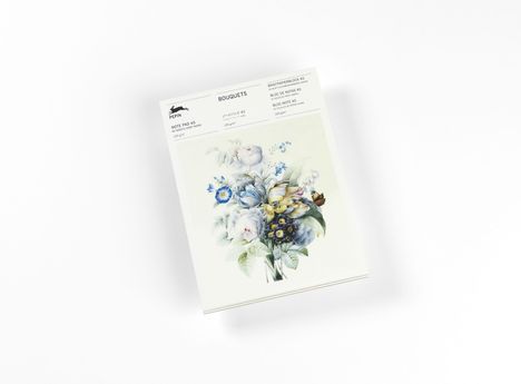"PEPIN NOTE PAD A5, BOUQUETS" steht oben. Darunter ein Blumenstrauß in sanften Farbtönen, künstlerisch dargestellt.