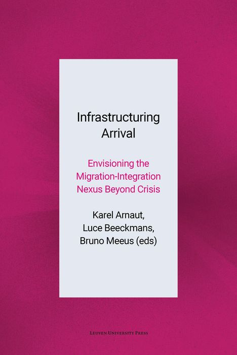 Buchtitel: "Infrastructuring Arrival". Autoren: Karel Arnaut, Luce Beeckmans, Bruno Meeus. Hintergrund: Dunkelrosa.
