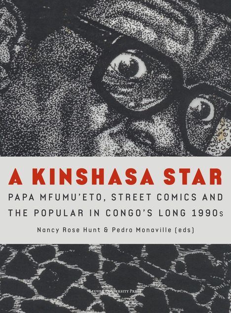 Titel: "A Kinshasa Star". Illustration in schwarz-weiß mit einem Gesicht und großen Augen hinter einer Brille.