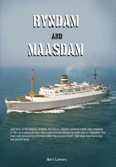 „RYNDAM AND MAASDAM“ steht in großen Buchstaben. Darunter ein Kreuzfahrtschiff auf offenem Meer; Textdetails über das Schiff.