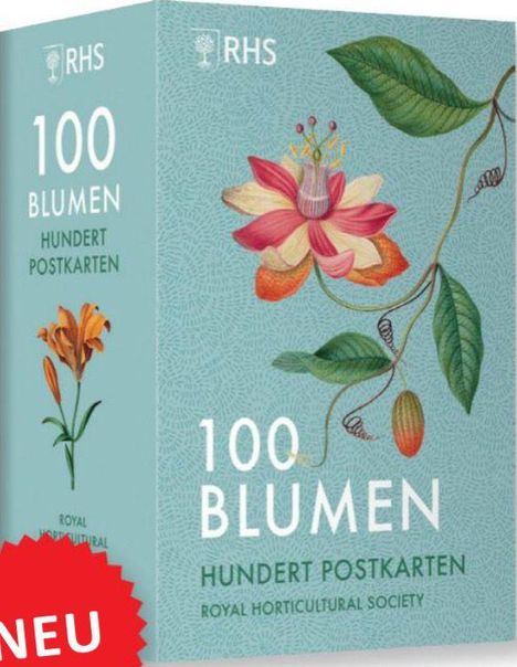 "100 Blumen, Hundert Postkarten, Royal Horticultural Society, neu." Illustration von Blumen auf einer hellblauen Box.