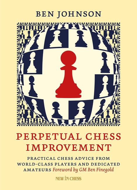 „Perpetual Chess Improvement“ von Ben Johnson. Schachfiguren auf einem geometrischen Muster.