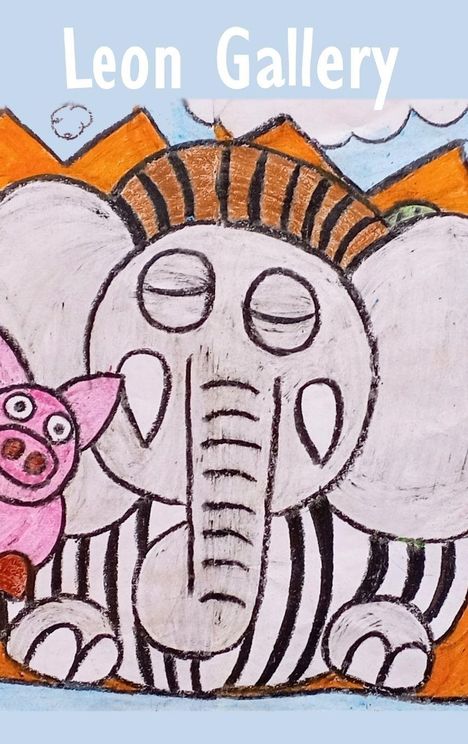 "Leon Gallery" steht oben. Eine kindliche Zeichnung zeigt einen lächelnden Elefanten und ein Schwein.