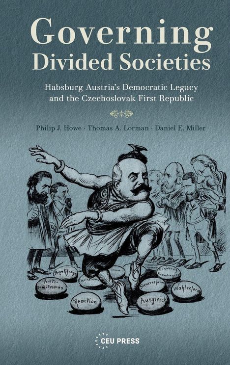 Buchcover: "Governing Divided Societies". Illustration zeigt eine Person, die Bälle jongliert, beschriftet mit politischen Themen.