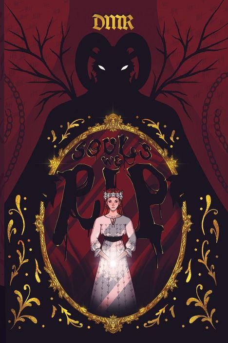 „Dürr“, „Soul's Reap“. Dunkle, dämonische Silhouette hinter Frau in weißem Kleid, goldene Verzierung.