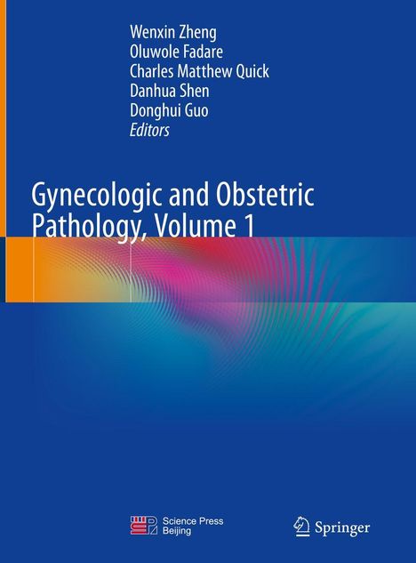 Titel: "Gynecologic and Obstetric Pathology, Volume 1". Namen der Herausgeber oben. Logos unten. Farbiger, geschwungener Hintergrund.