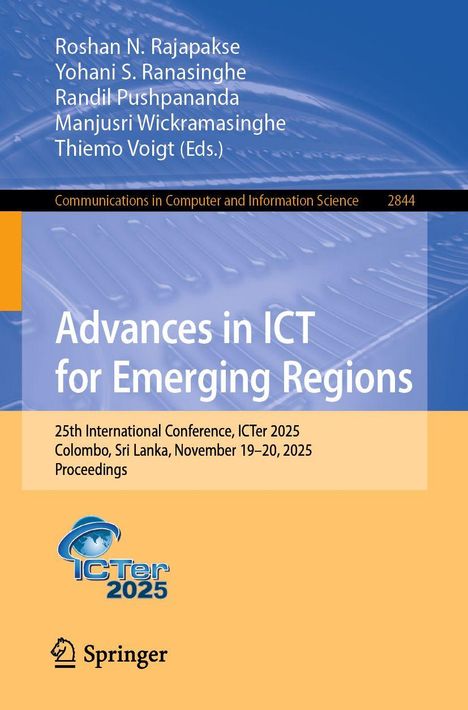 "Advances in ICT for Emerging Regions" steht in Weiß auf blauem Hintergrund. Unten Veranstaltungsdetails und ein Logo.