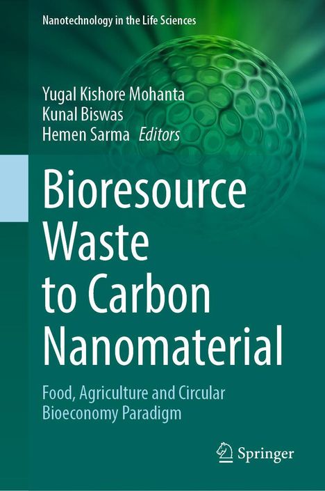 Buchcover mit dem Titel: "Bioresource Waste to Carbon Nanomaterial" und Autoren Yugal Kishore Mohanta, Kunal Biswas, Hemen Sarma. Hintergrund in Grün mit Struktur.