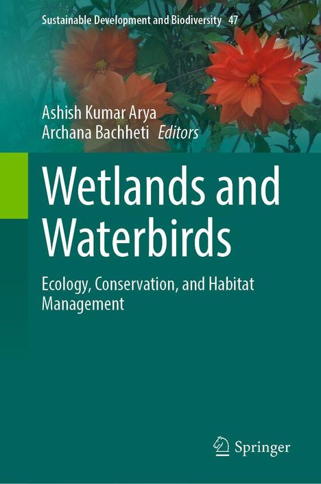 Text: "Wetlands and Waterbirds: Ecology, Conservation, and Habitat Management." Hintergrund mit roten Blumen und grünem Layout.