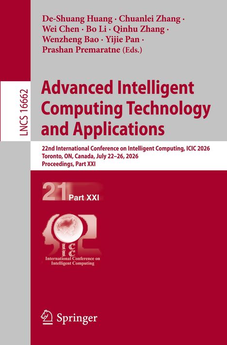 "Advanced Intelligent Computing Technology and Applications." Roter Hintergrund mit weißen und grauen Elementen. Springer-Logo.